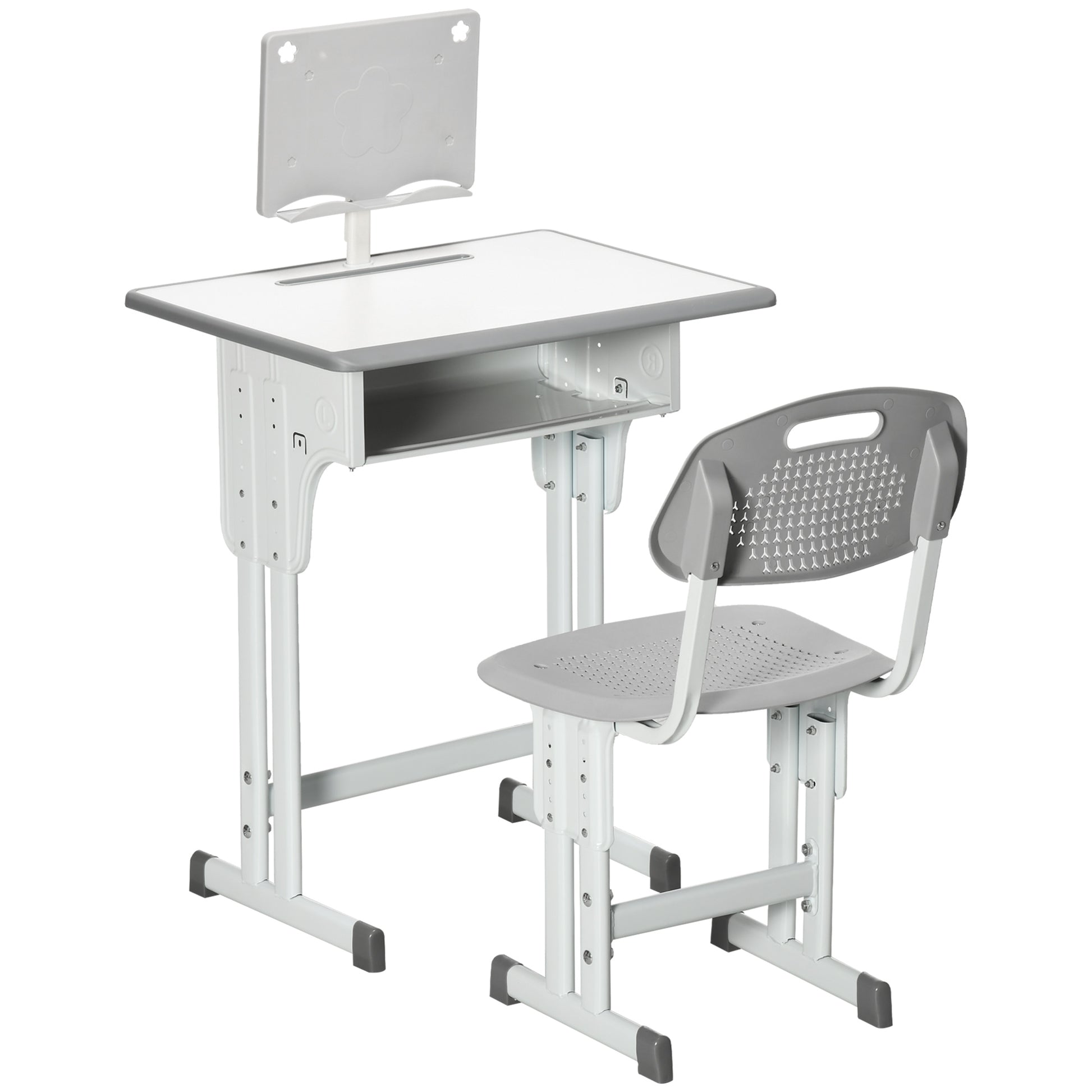 Kids Desk and Chair Set for 6-12 Year Olds Children Adjustable Height Desk with 1 Drawer 1 Pencil Slot and 1 Bookshelf Steel 60x45x90-102 cm Gray