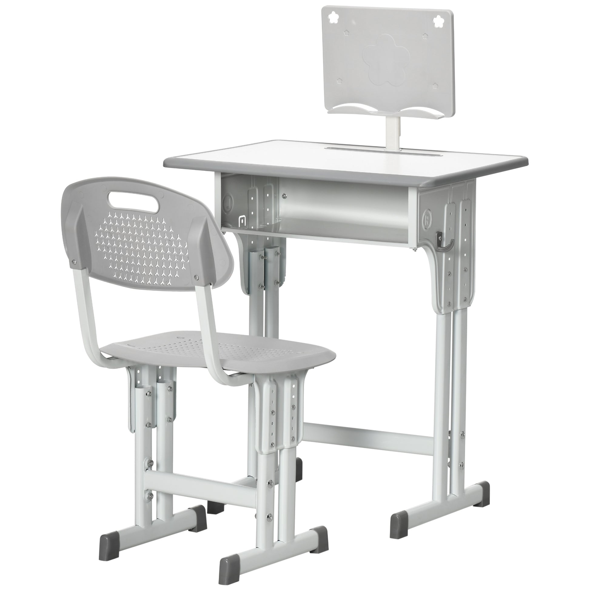 Kids Desk and Chair Set for 6-12 Year Olds Children Adjustable Height Desk with 1 Drawer 1 Pencil Slot and 1 Bookshelf Steel 60x45x90-102 cm Gray
