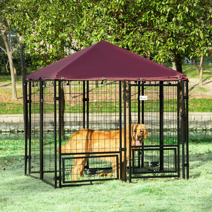 Outdoor Dog Enclosure, Steel Animal Box with Lock, 2 Swivel Bowls, and Oxford Fabric Cover, Black and Red Kennel