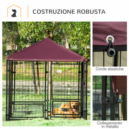 Outdoor Dog Enclosure, Steel Animal Box with Lock, 2 Swivel Bowls, and Oxford Fabric Cover, Black and Red Kennel