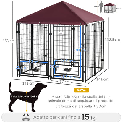 Outdoor Dog Enclosure, Steel Animal Box with Lock, 2 Swivel Bowls, and Oxford Fabric Cover, Black and Red Kennel
