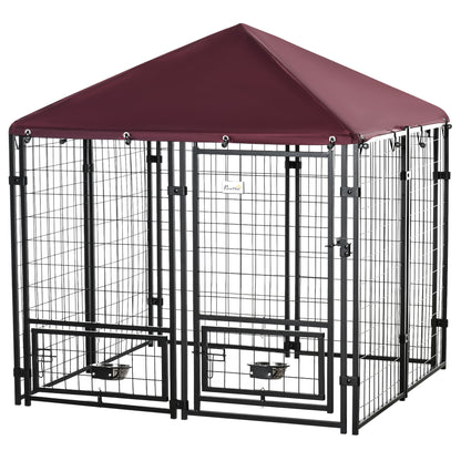 Outdoor Dog Enclosure, Steel Animal Box with Lock, 2 Swivel Bowls, and Oxford Fabric Cover, Black and Red Kennel