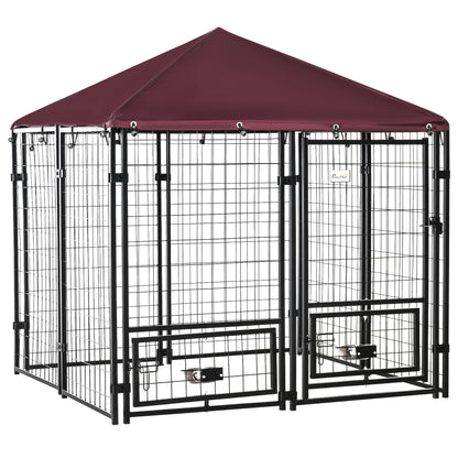 Outdoor Dog Enclosure, Steel Animal Box with Lock, 2 Swivel Bowls, and Oxford Fabric Cover, Black and Red Kennel