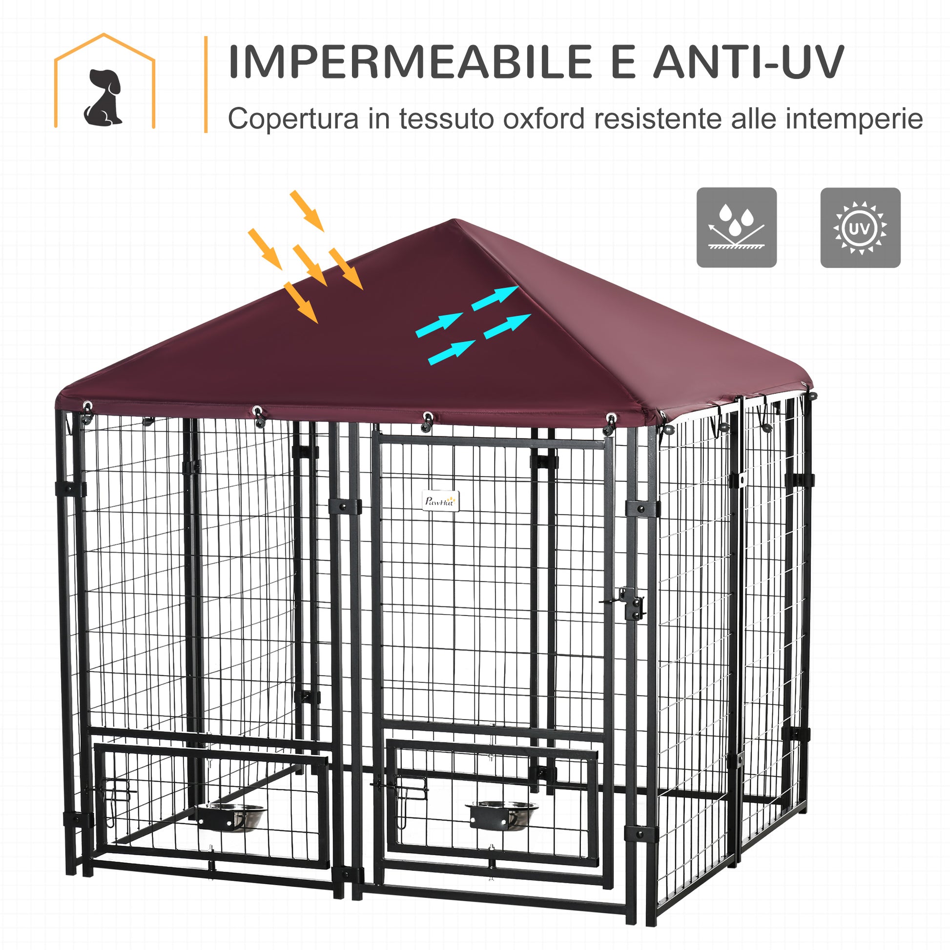 Outdoor Dog Enclosure, Steel Animal Box with Lock, 2 Swivel Bowls, and Oxford Fabric Cover, Black and Red Kennel