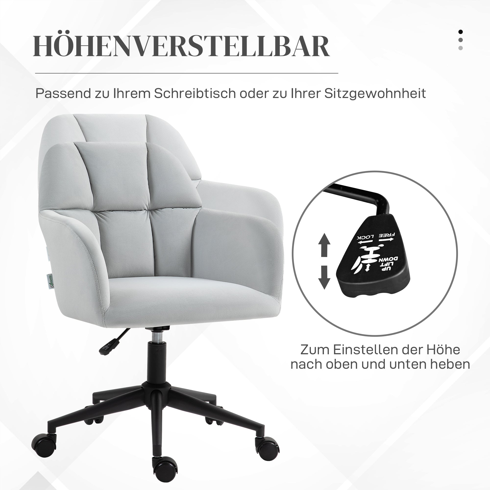Office Chair, Height Adjustable Desk Chair with Velvet Look, Backrest, Swivel Chair with Armrest for Home Office, Light Gray