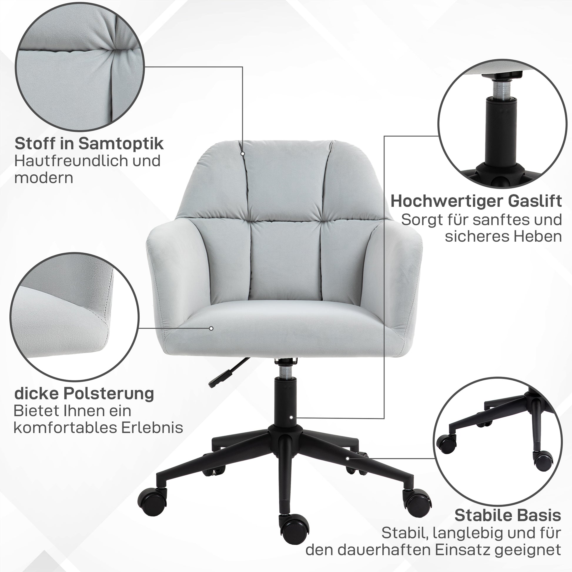 Office Chair, Height Adjustable Desk Chair with Velvet Look, Backrest, Swivel Chair with Armrest for Home Office, Light Gray