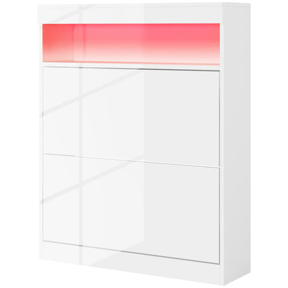 Entryway Shoe Cabinet Shoe Storage Organizer Wall-Mounted or Freestanding with LED Lights Open Shelf and 2 Flip-Down Drawers for 12-16 Pairs of Shoes 80x24x99.5 cm Bright White