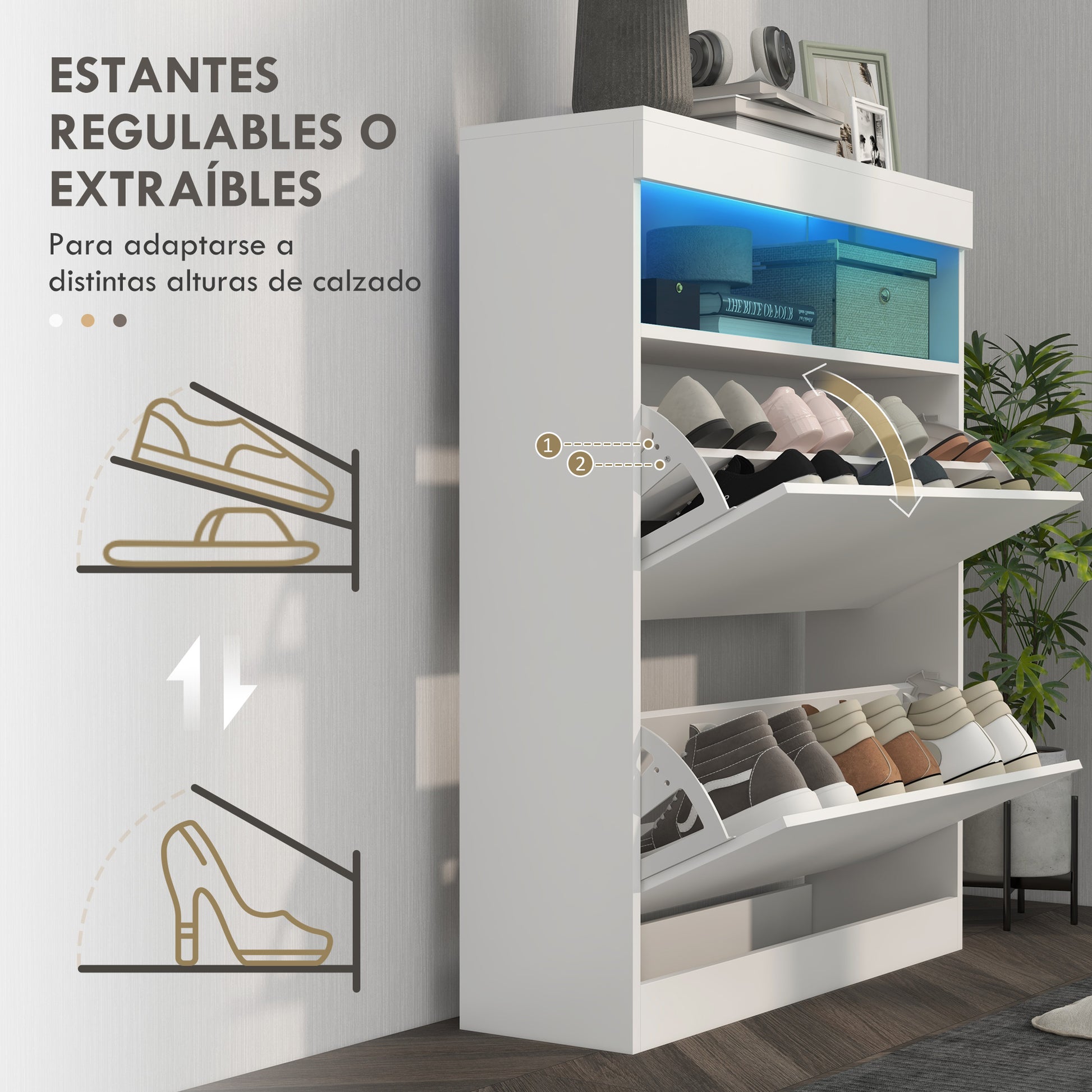 Entryway Shoe Cabinet Shoe Storage Organizer Wall-Mounted or Freestanding with LED Lights Open Shelf and 2 Flip-Down Drawers for 12-16 Pairs of Shoes 80x24x99.5 cm Bright White