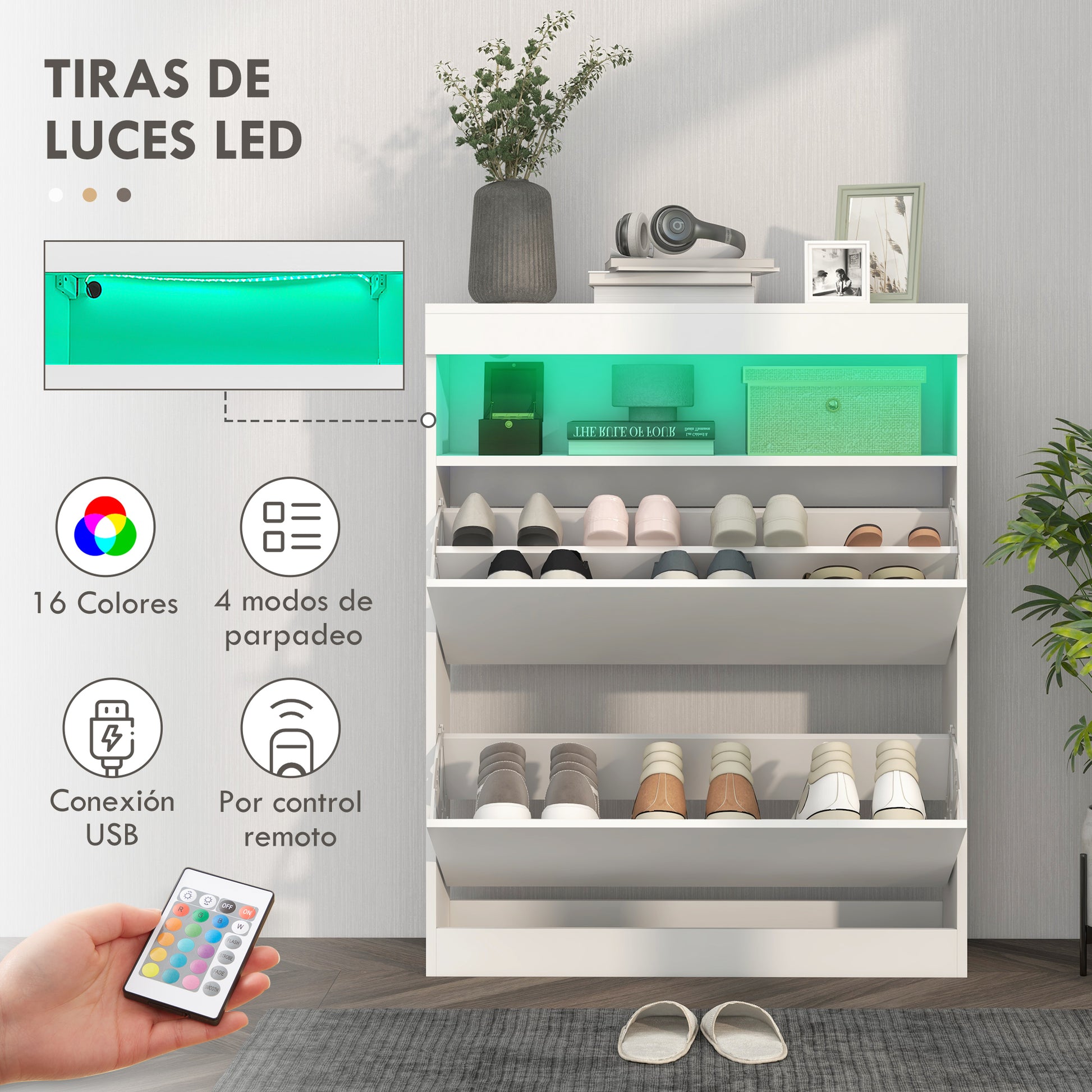 Entryway Shoe Cabinet Shoe Storage Organizer Wall-Mounted or Freestanding with LED Lights Open Shelf and 2 Flip-Down Drawers for 12-16 Pairs of Shoes 80x24x99.5 cm Bright White