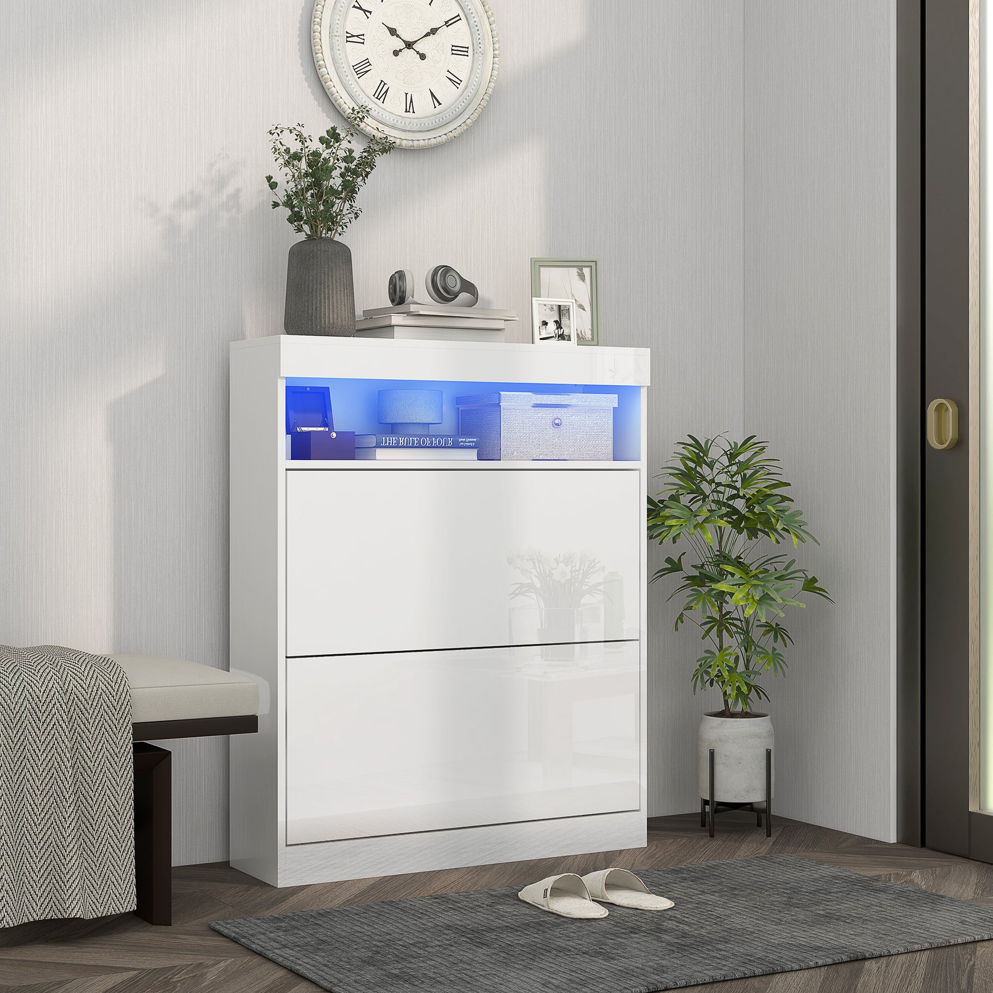 Entryway Shoe Cabinet Shoe Storage Organizer Wall-Mounted or Freestanding with LED Lights Open Shelf and 2 Flip-Down Drawers for 12-16 Pairs of Shoes 80x24x99.5 cm Bright White