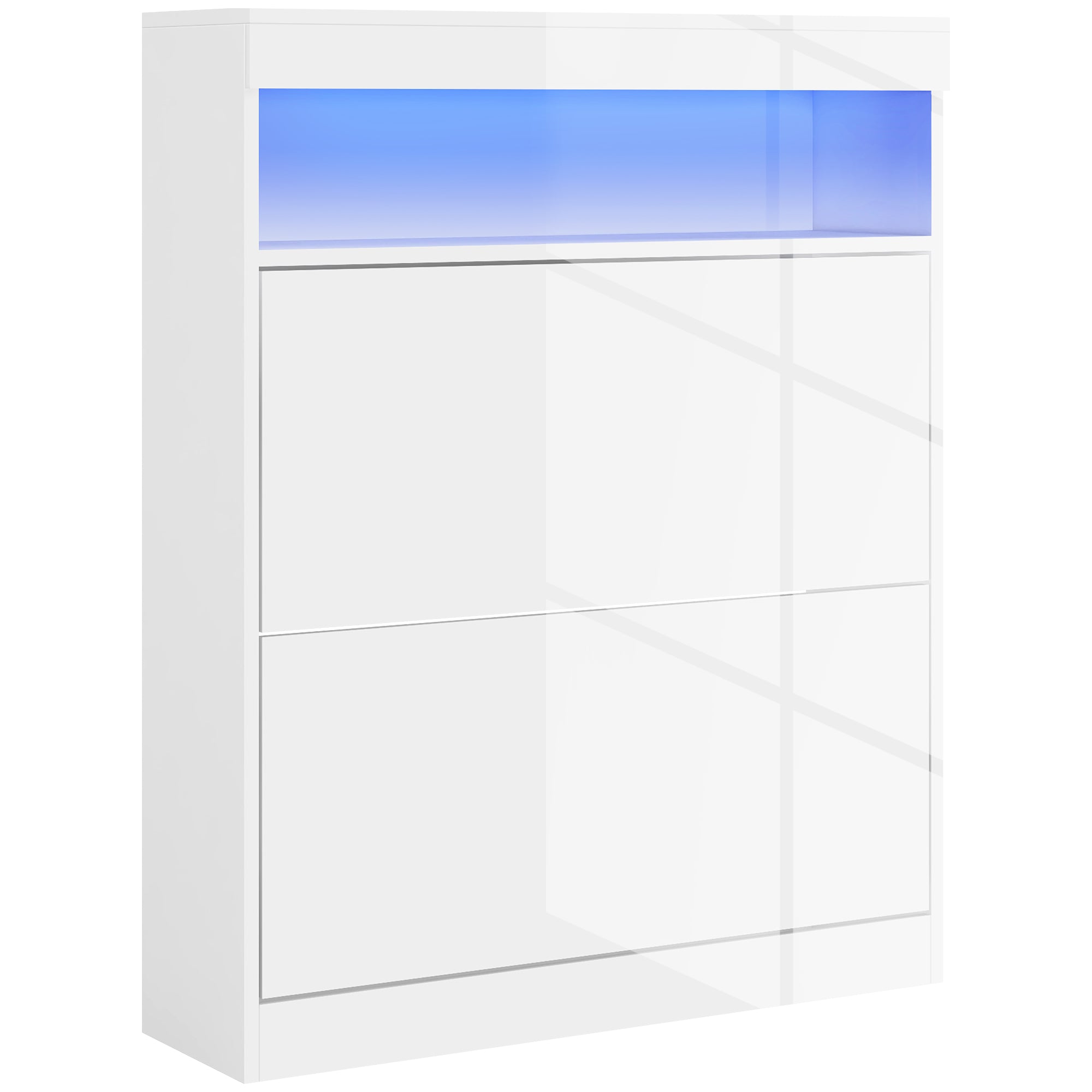 Entryway Shoe Cabinet Shoe Storage Organizer Wall-Mounted or Freestanding with LED Lights Open Shelf and 2 Flip-Down Drawers for 12-16 Pairs of Shoes 80x24x99.5 cm Bright White