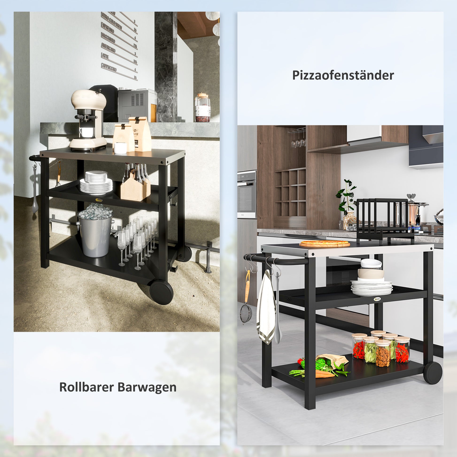 Grill Cart 3-Tier Serving Trolley with Work Surface Shelves Hooks Wheels, Stainless Steel BBQ Grill Table, Grill Side Table, Outdoor Utility Cart, Charcoal BBQ for Garden Grill 102x50x81cm Charcoal Gray