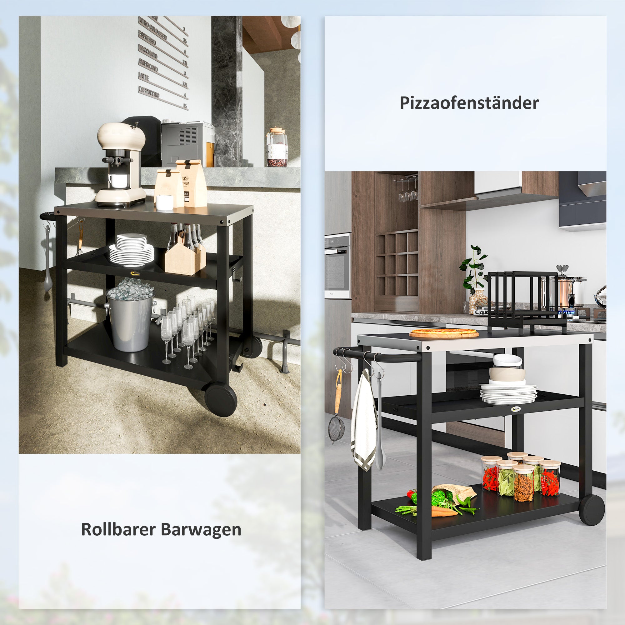 Grill Cart 3-Tier Serving Trolley with Work Surface Shelves Hooks Wheels, Stainless Steel BBQ Grill Table, Grill Side Table, Outdoor Utility Cart, Charcoal BBQ for Garden Grill 102x50x81cm Charcoal Gray