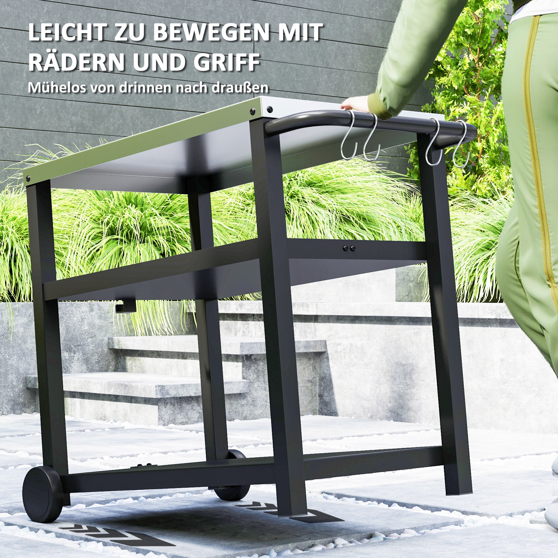 Grill Cart 3-Tier Serving Trolley with Work Surface Shelves Hooks Wheels, Stainless Steel BBQ Grill Table, Grill Side Table, Outdoor Utility Cart, Charcoal BBQ for Garden Grill 102x50x81cm Charcoal Gray