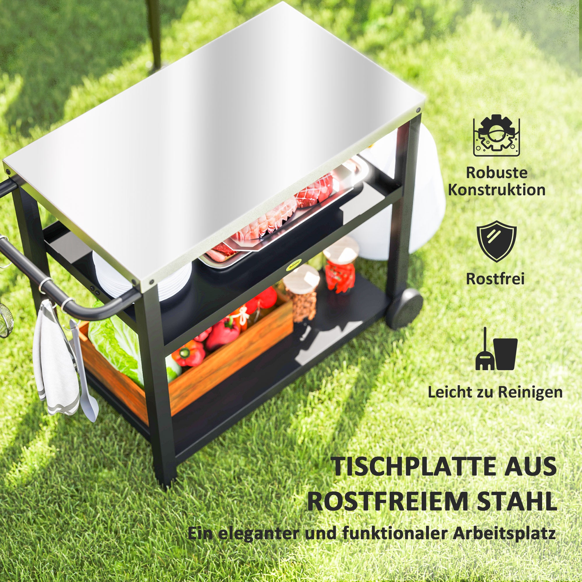 Grill Cart 3-Tier Serving Trolley with Work Surface Shelves Hooks Wheels, Stainless Steel BBQ Grill Table, Grill Side Table, Outdoor Utility Cart, Charcoal BBQ for Garden Grill 102x50x81cm Charcoal Gray