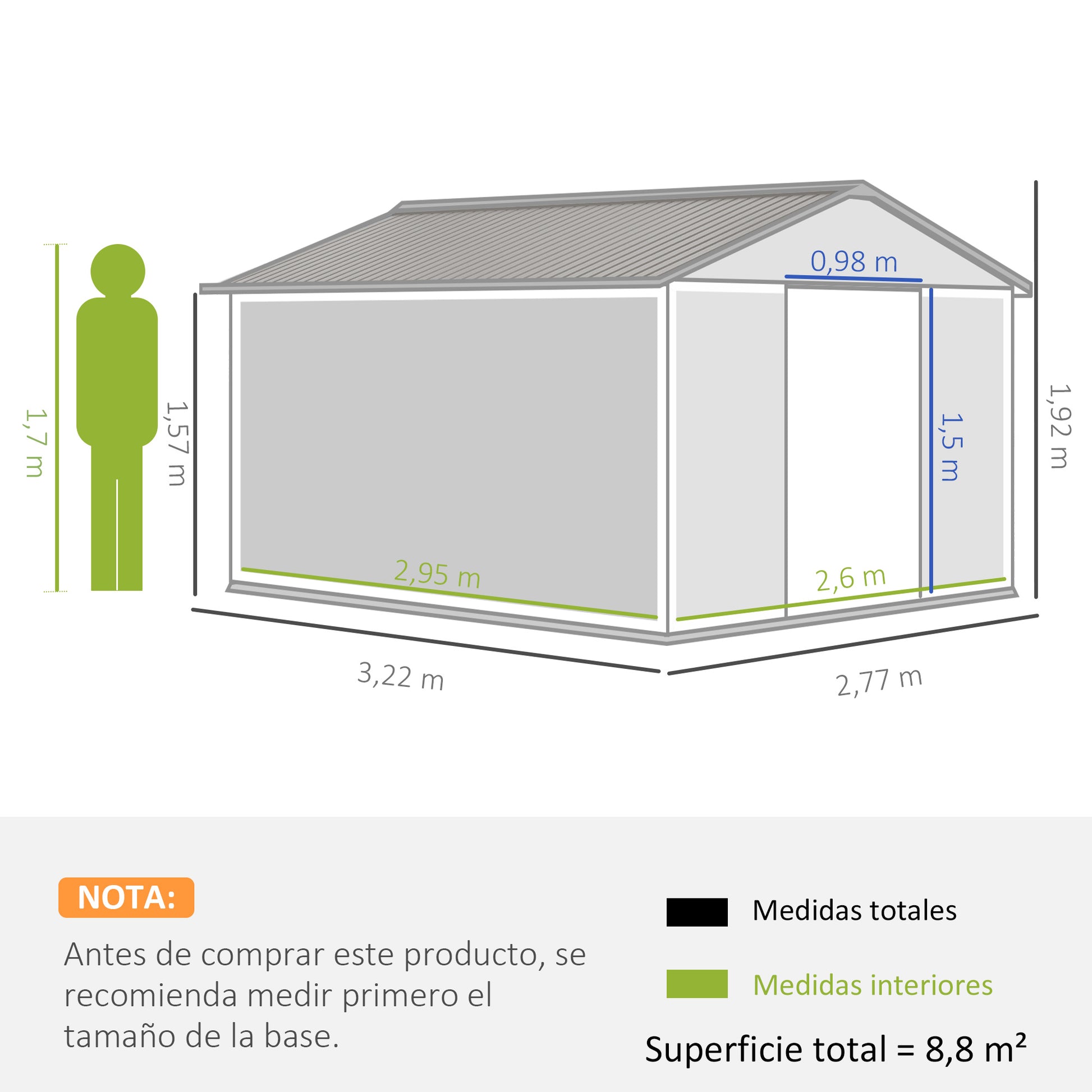 Garden Shed Outdoor 8.3 m² 277x322x192 cm Outdoor Garden Shed with Sliding Door Sloping Roof Reinforced Base (Floor NOT Included) and 4 Windows Gray