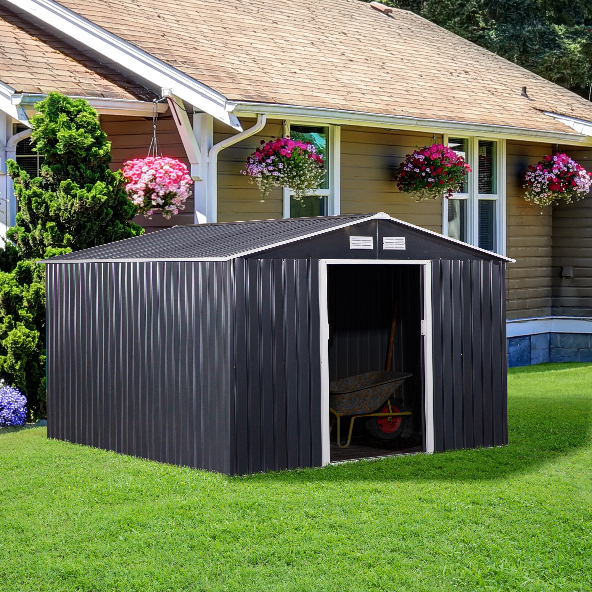 Garden Shed Outdoor 8.3 m² 277x322x192 cm Outdoor Garden Shed with Sliding Door Sloping Roof Reinforced Base (Floor NOT Included) and 4 Windows Gray