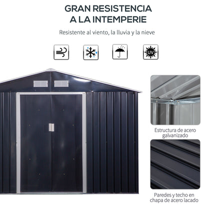 Garden Shed Outdoor 8.3 m² 277x322x192 cm Outdoor Garden Shed with Sliding Door Sloping Roof Reinforced Base (Floor NOT Included) and 4 Windows Gray