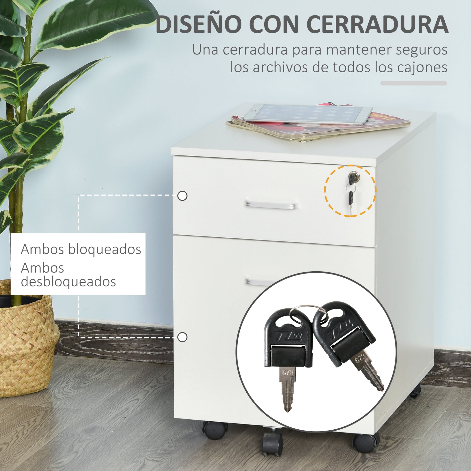 Office Drawer with Wheels Filing Cabinet Desk Drawer with 2 A4 Size Document Drawers Lock and Keys 40x49x58 cm White