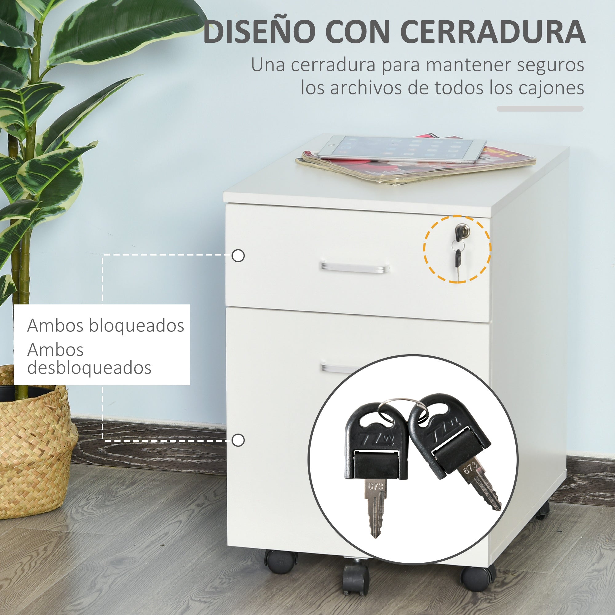 Office Drawer with Wheels Filing Cabinet Desk Drawer with 2 A4 Size Document Drawers Lock and Keys 40x49x58 cm White