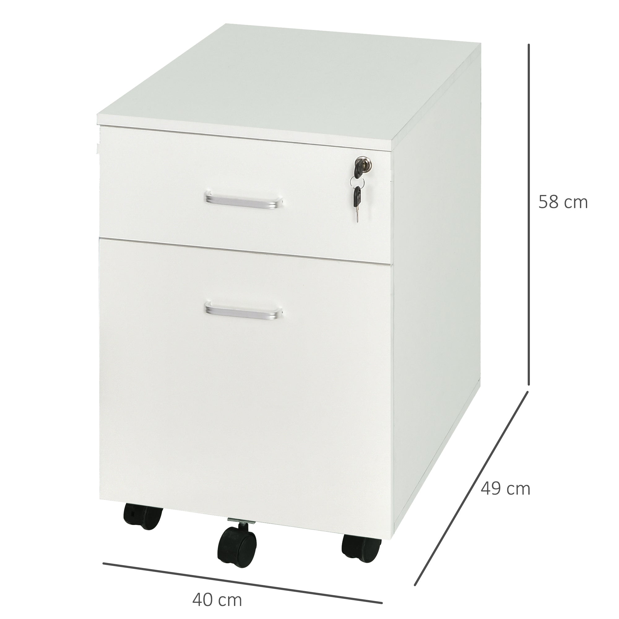Office Drawer with Wheels Filing Cabinet Desk Drawer with 2 A4 Size Document Drawers Lock and Keys 40x49x58 cm White