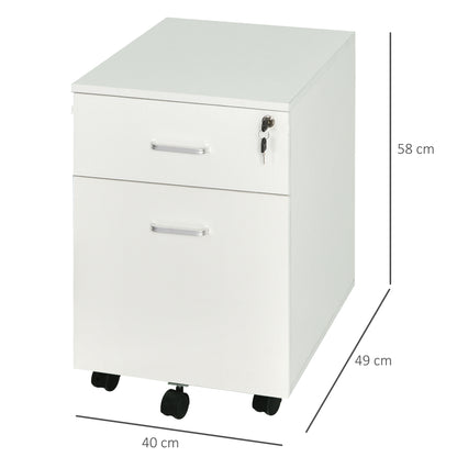 Office Drawer with Wheels Filing Cabinet Desk Drawer with 2 A4 Size Document Drawers Lock and Keys 40x49x58 cm White
