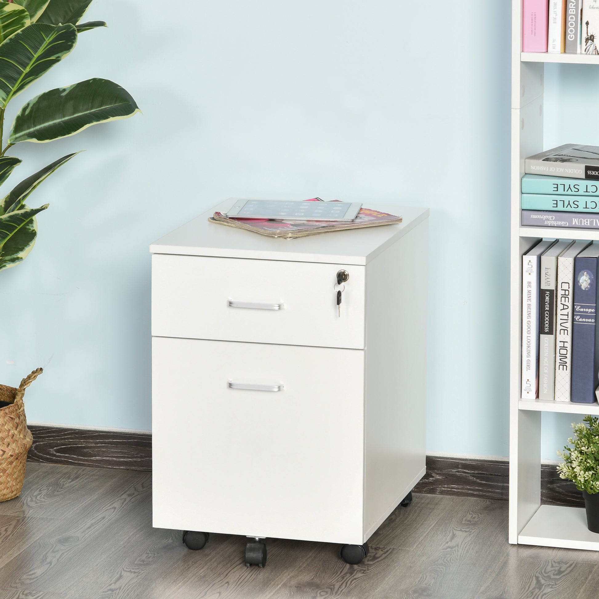Office Drawer with Wheels Filing Cabinet Desk Drawer with 2 A4 Size Document Drawers Lock and Keys 40x49x58 cm White