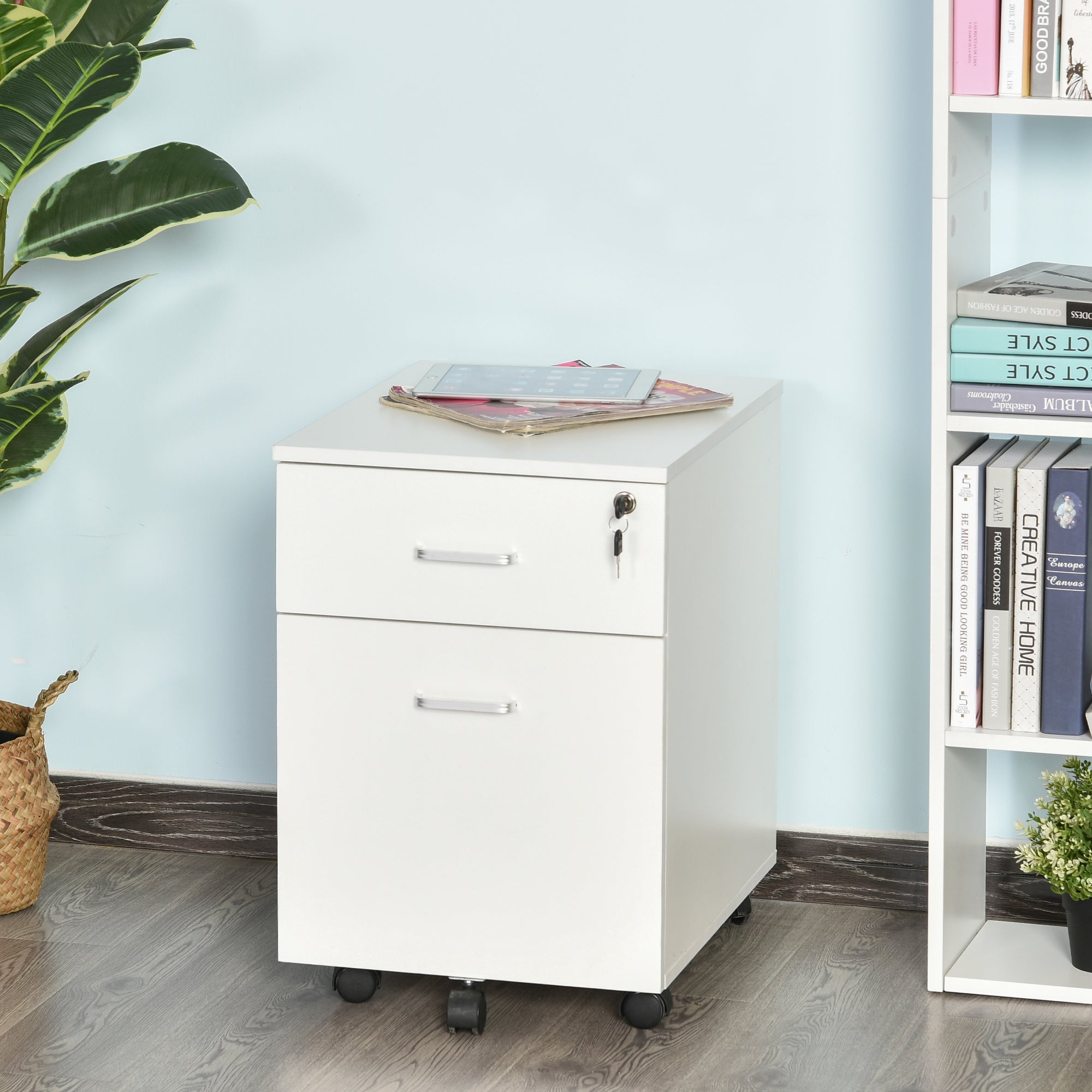 Office Drawer with Wheels Filing Cabinet Desk Drawer with 2 A4 Size Document Drawers Lock and Keys 40x49x58 cm White