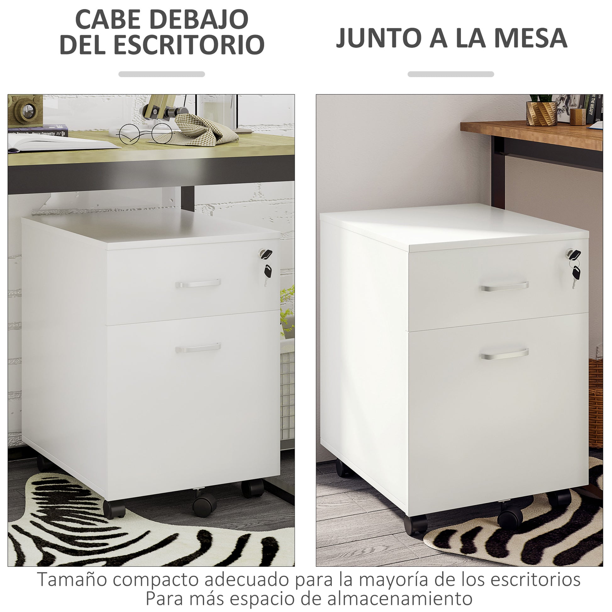 Office Drawer with Wheels Filing Cabinet Desk Drawer with 2 A4 Size Document Drawers Lock and Keys 40x49x58 cm White