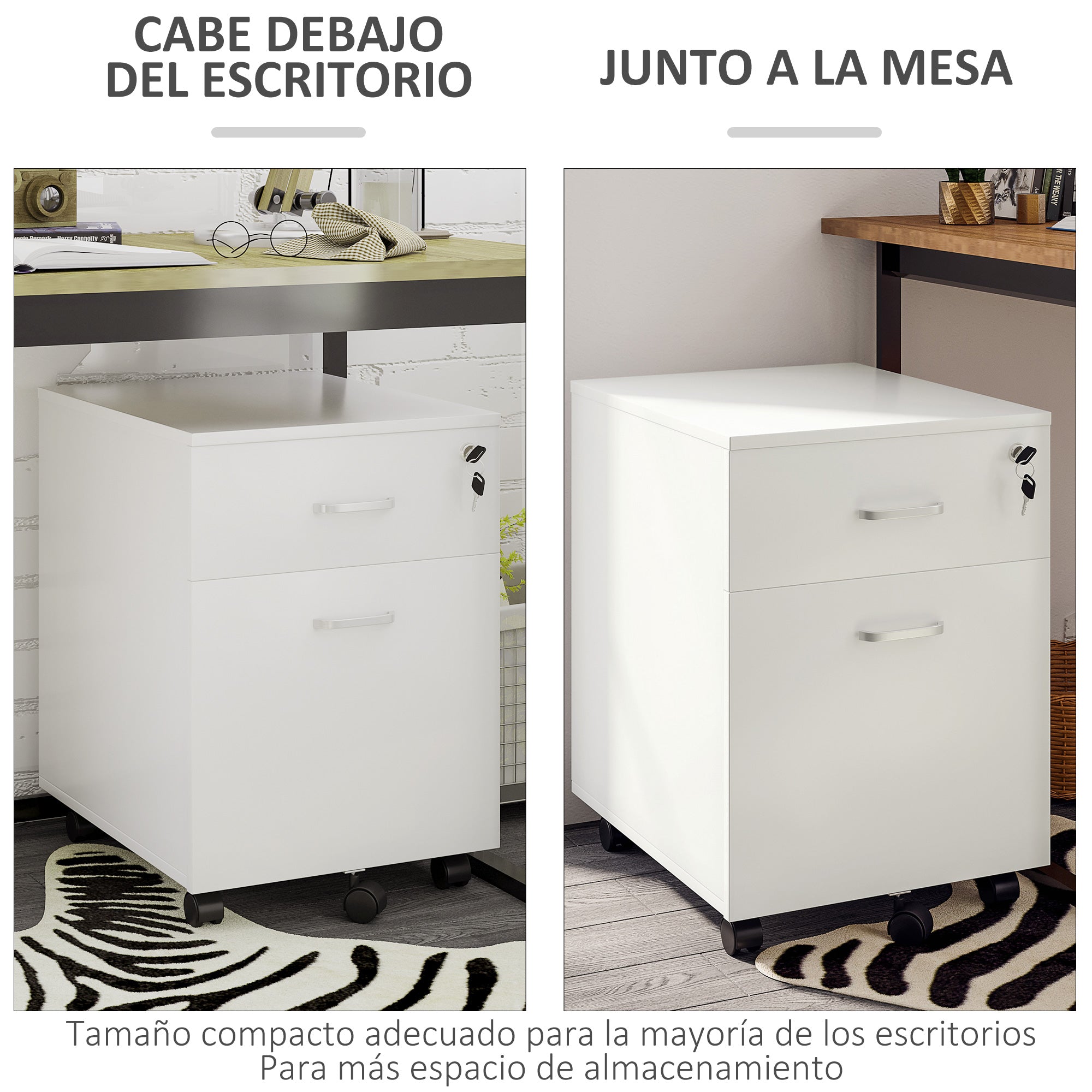 Office Drawer with Wheels Filing Cabinet Desk Drawer with 2 A4 Size Document Drawers Lock and Keys 40x49x58 cm White