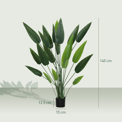 Artificial Green Bird of Paradise Plant with 20 Leaves of 140 cm, Decorative Fake Plant with Vase and Moss, Green Plant in PE, PEVA, and PP