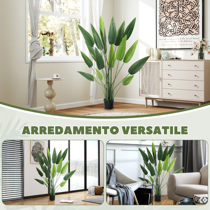 Artificial Green Bird of Paradise Plant with 20 Leaves of 140 cm, Decorative Fake Plant with Vase and Moss, Green Plant in PE, PEVA, and PP