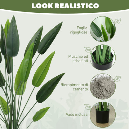 Artificial Green Bird of Paradise Plant with 20 Leaves of 140 cm, Decorative Fake Plant with Vase and Moss, Green Plant in PE, PEVA, and PP