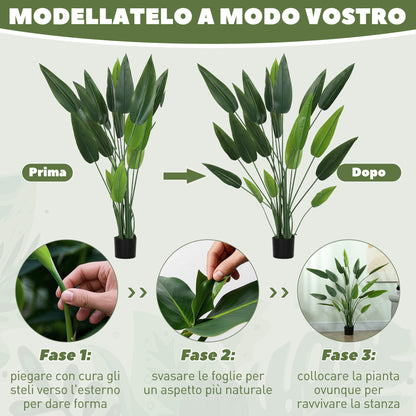 Artificial Green Bird of Paradise Plant with 20 Leaves of 140 cm, Decorative Fake Plant with Vase and Moss, Green Plant in PE, PEVA, and PP