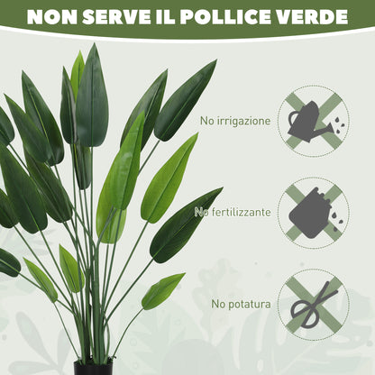 Artificial Green Bird of Paradise Plant with 20 Leaves of 140 cm, Decorative Fake Plant with Vase and Moss, Green Plant in PE, PEVA, and PP