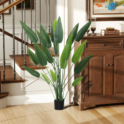 Artificial Green Bird of Paradise Plant with 20 Leaves of 140 cm, Decorative Fake Plant with Vase and Moss, Green Plant in PE, PEVA, and PP