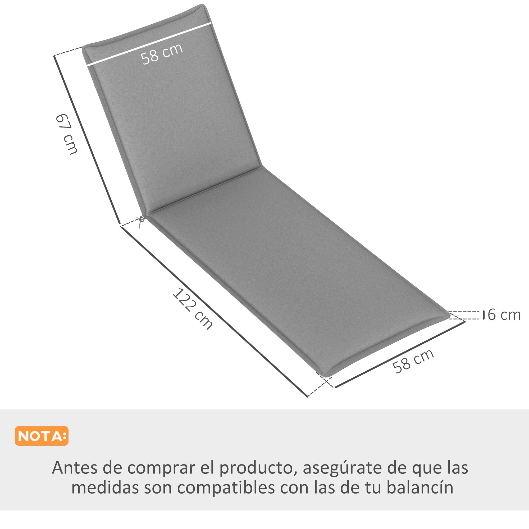 Pack of 2 Cushions for Folding Sun Loungers Garden Lounger Mattresses Outdoor 193x58x6 cm with UV Protection Splash-Resistant Gray Straps