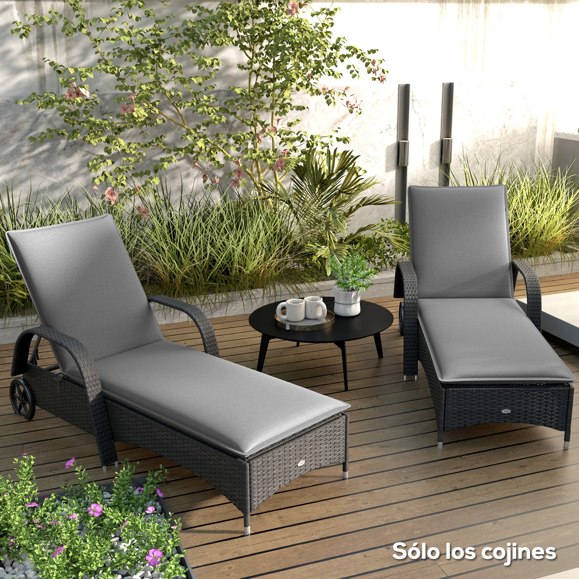 Pack of 2 Cushions for Folding Sun Loungers Garden Lounger Mattresses Outdoor 193x58x6 cm with UV Protection Splash-Resistant Gray Straps