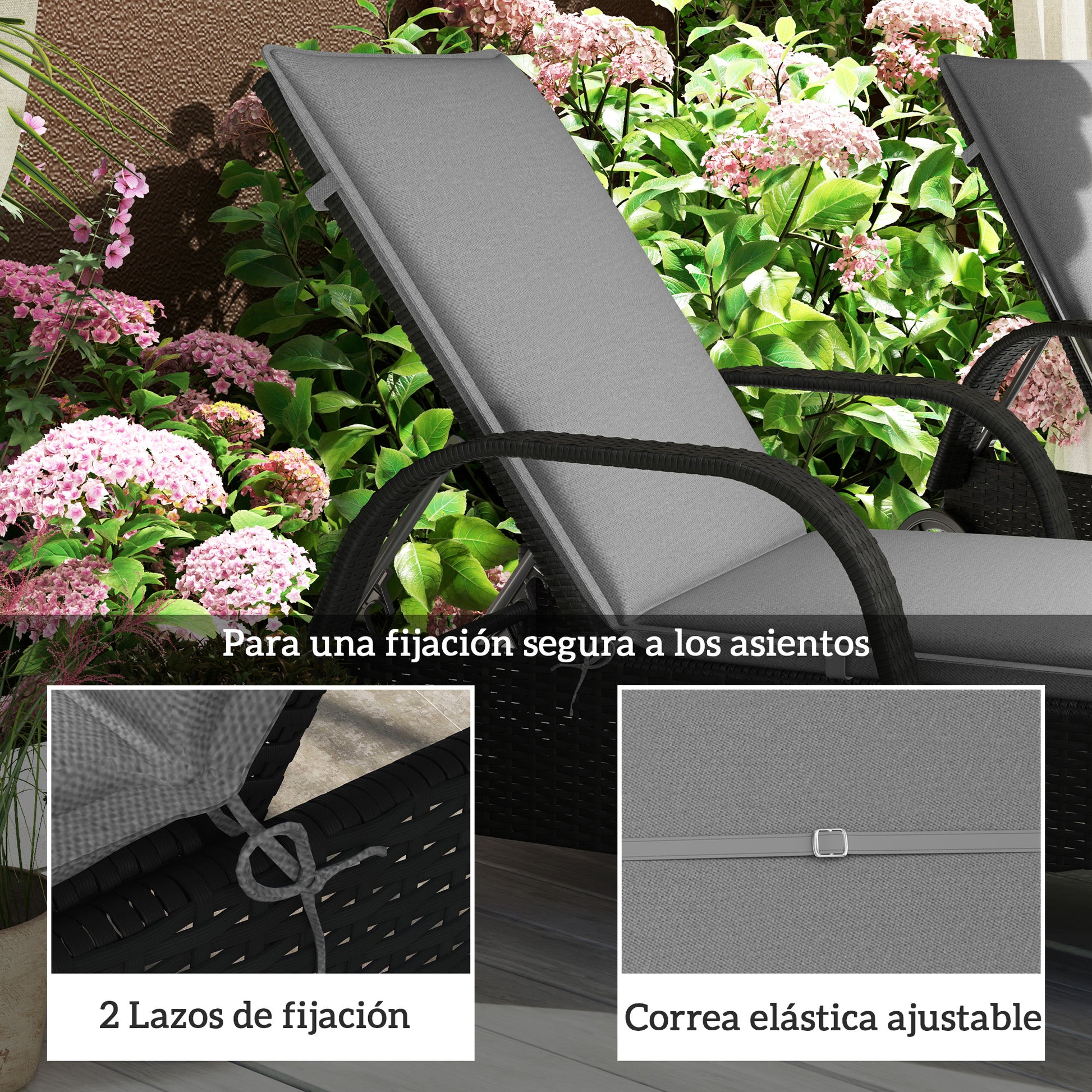 Pack of 2 Cushions for Folding Sun Loungers Garden Lounger Mattresses Outdoor 193x58x6 cm with UV Protection Splash-Resistant Gray Straps