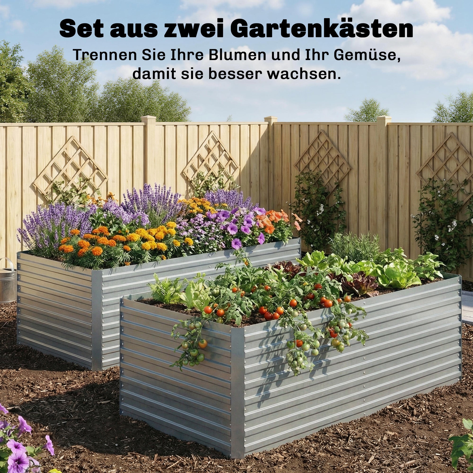 Galvanized Steel Raised Bed 2-Pack 180 x 90 x 60 cm (71 x 35 x 24 in) — Rectangular Deep Planters with Support Rods, Open Bottom, Gloves, Raised Bed Kit for Vegetables, Fruit, Flowers, Herbs — Silver