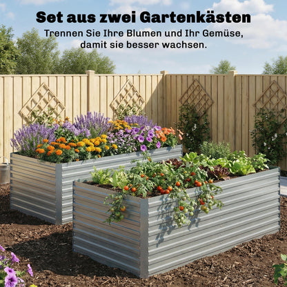 Galvanized Steel Raised Bed 2-Pack 180 x 90 x 60 cm (71 x 35 x 24 in) — Rectangular Deep Planters with Support Rods, Open Bottom, Gloves, Raised Bed Kit for Vegetables, Fruit, Flowers, Herbs — Silver