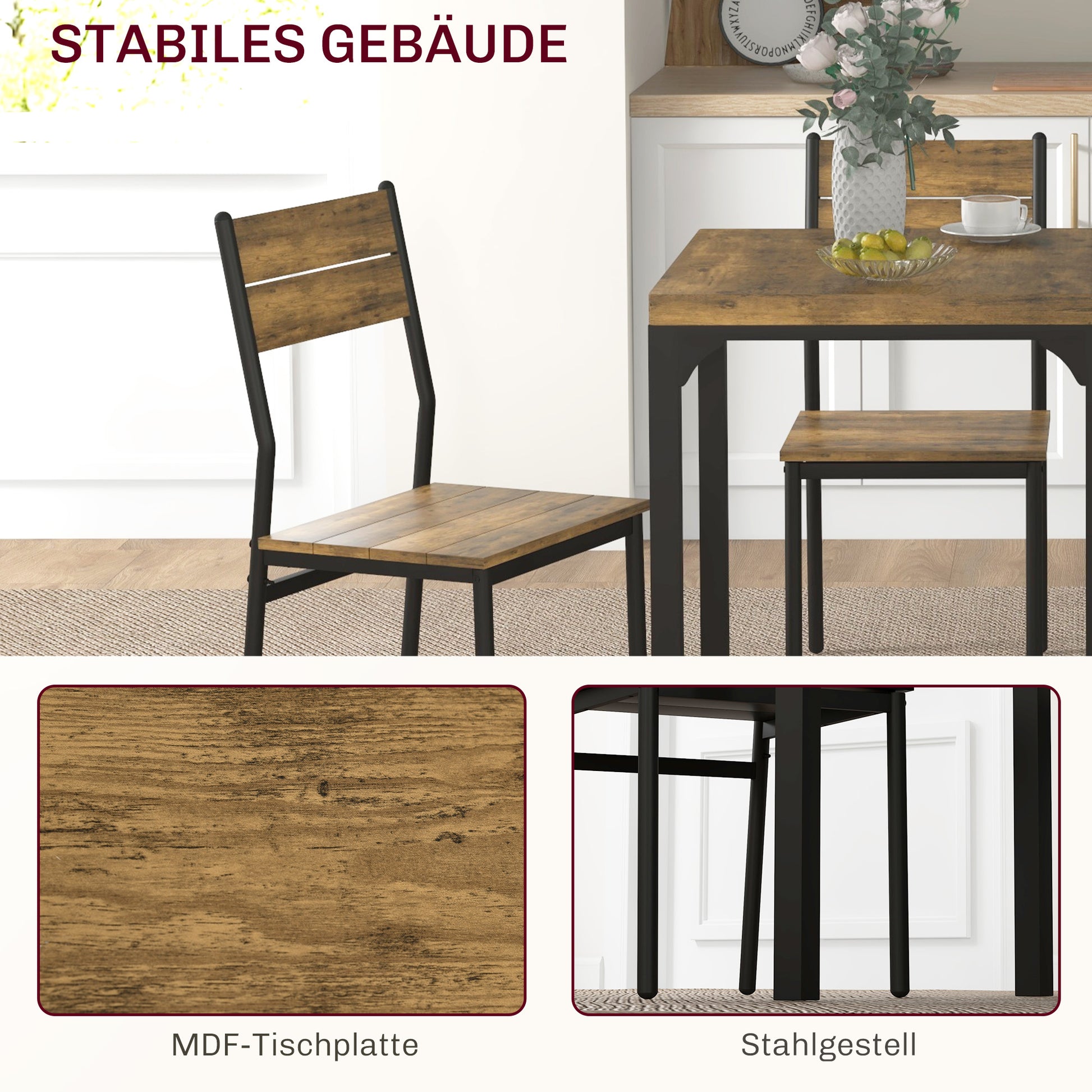 3-Piece Dining Set Dining Table with 2 Chairs Kitchen Table with Metal Frame Dining Group, Rustic Brown