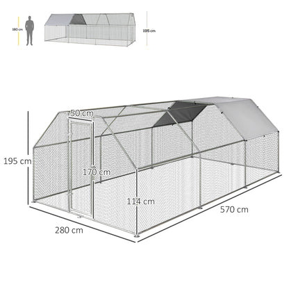 Chicken Coop Cage in Galvanized Metal Waterproof, Henhouse with Door and Oxford Cover, 280x570x195cm