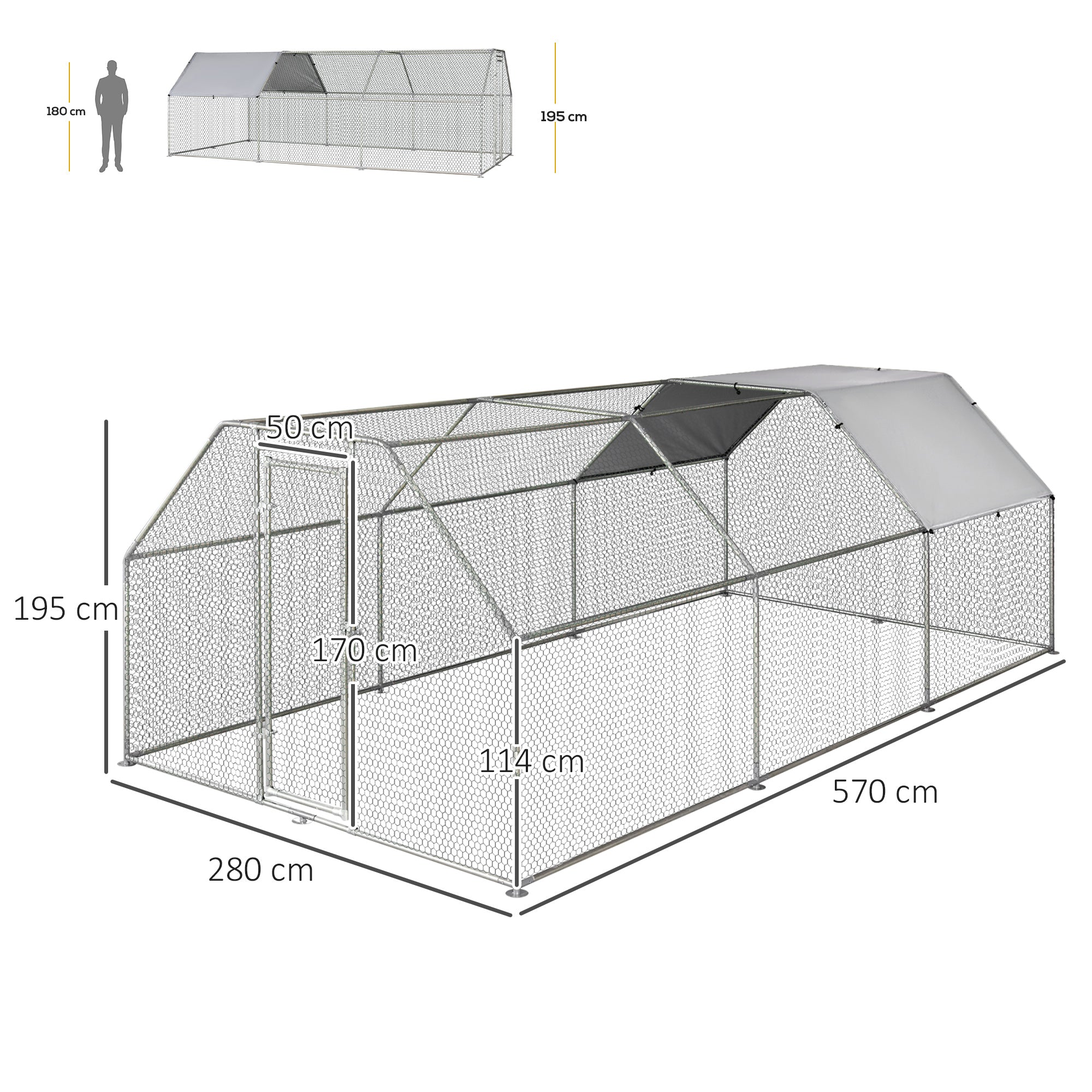 Chicken Coop Cage in Galvanized Metal Waterproof, Henhouse with Door and Oxford Cover, 280x570x195cm