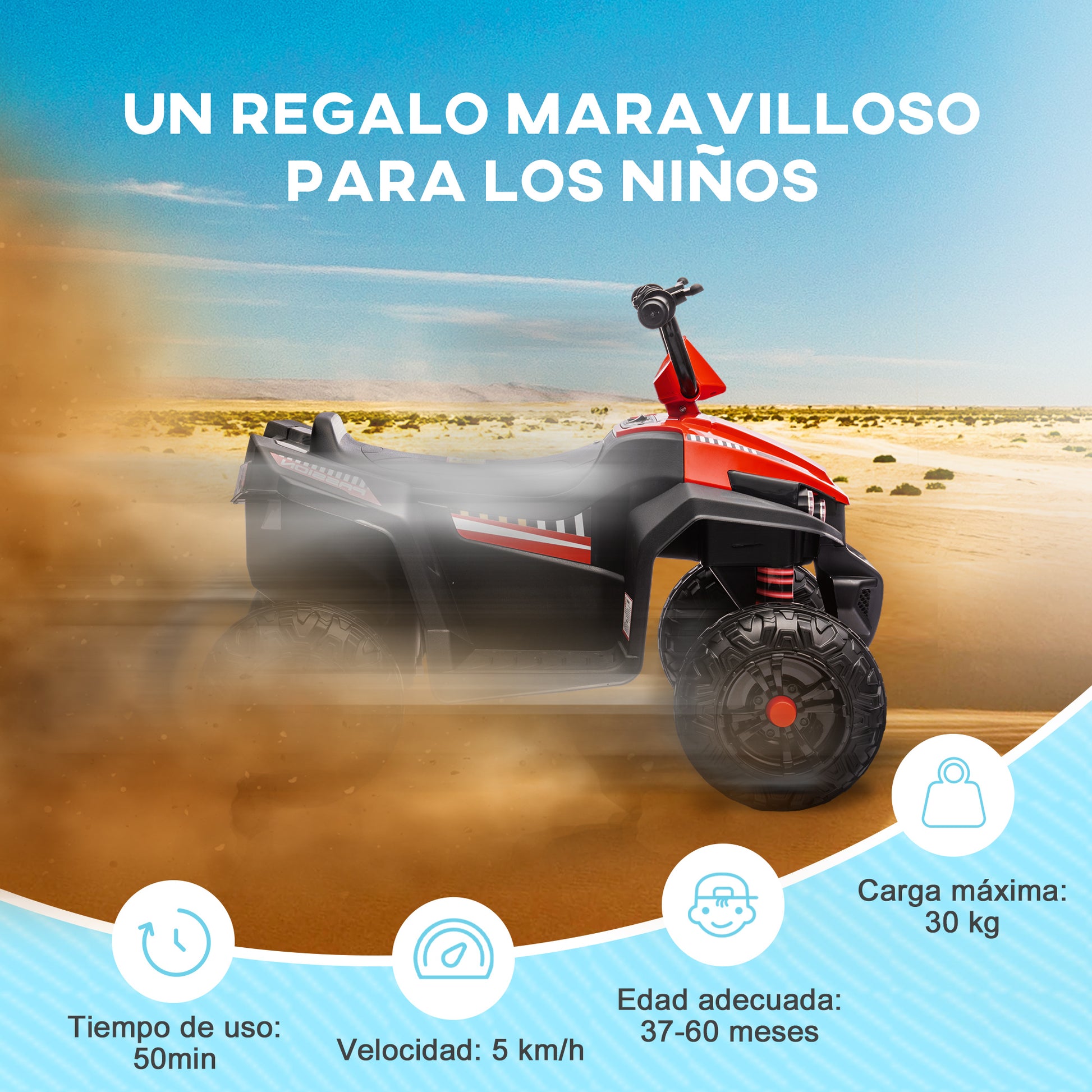 12V Battery-Powered Kids Electric Quad Electric Car for Kids +3 Years Old with 5 km/h Speed, Headlights, Music MP3, Forward/Reverse, 30 kg Load Red