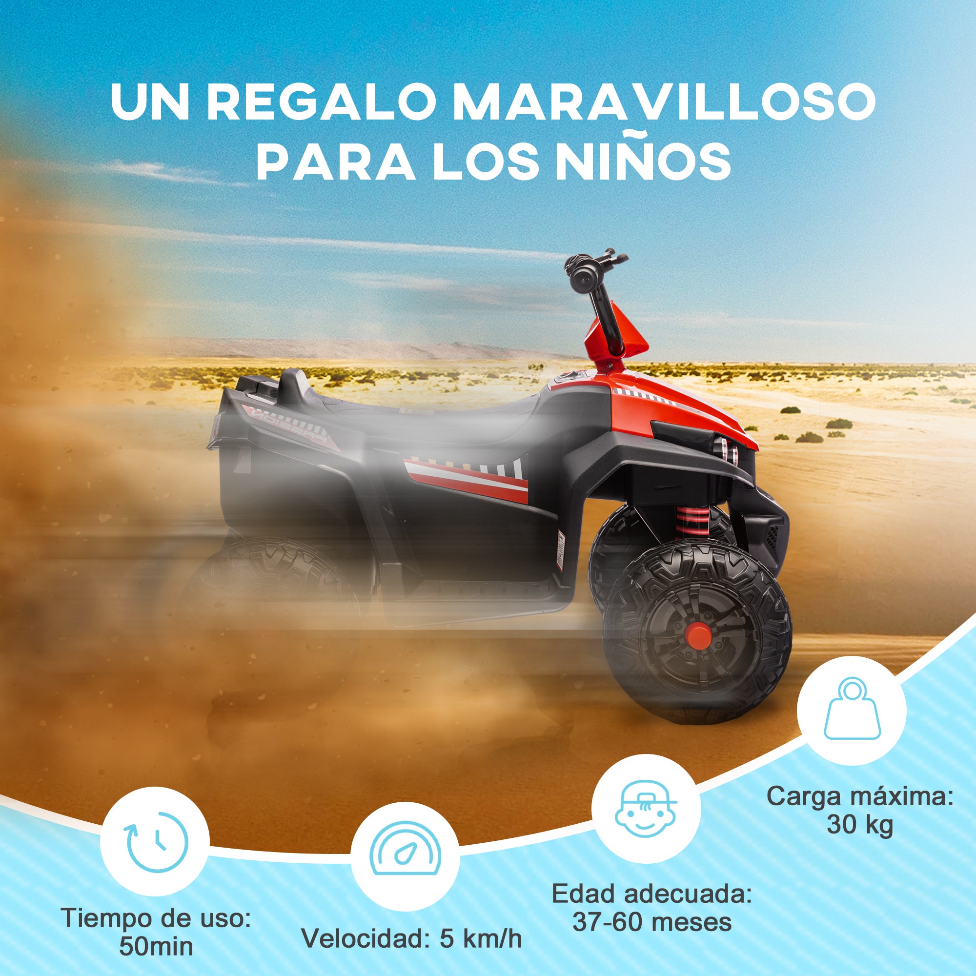 12V Battery-Powered Kids Electric Quad Electric Car for Kids +3 Years Old with 5 km/h Speed, Headlights, Music MP3, Forward/Reverse, 30 kg Load Red