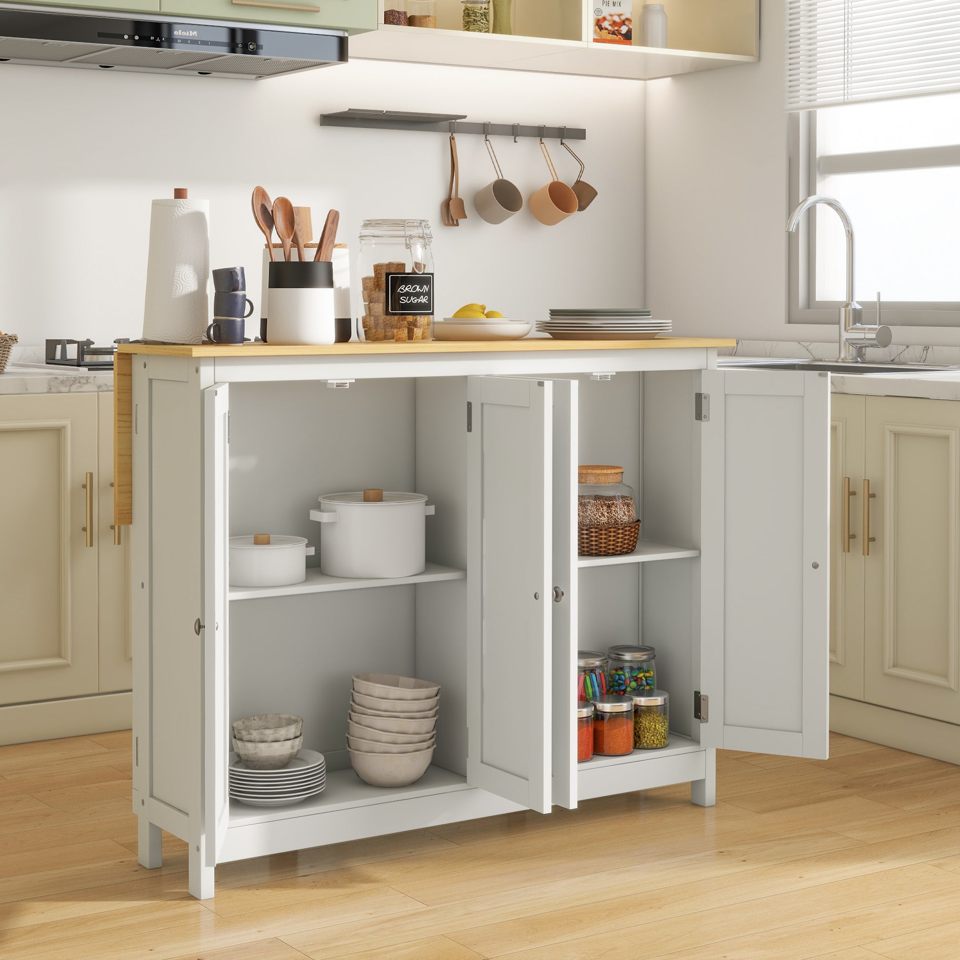 Kitchen Island Cart with 2 Stools, Bar Table and Stool Set with Foldable Worktop, 2 Cabinets with 4 Doors, Modern Design, White