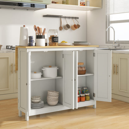 Kitchen Island Cart with 2 Stools, Bar Table and Stool Set with Foldable Worktop, 2 Cabinets with 4 Doors, Modern Design, White