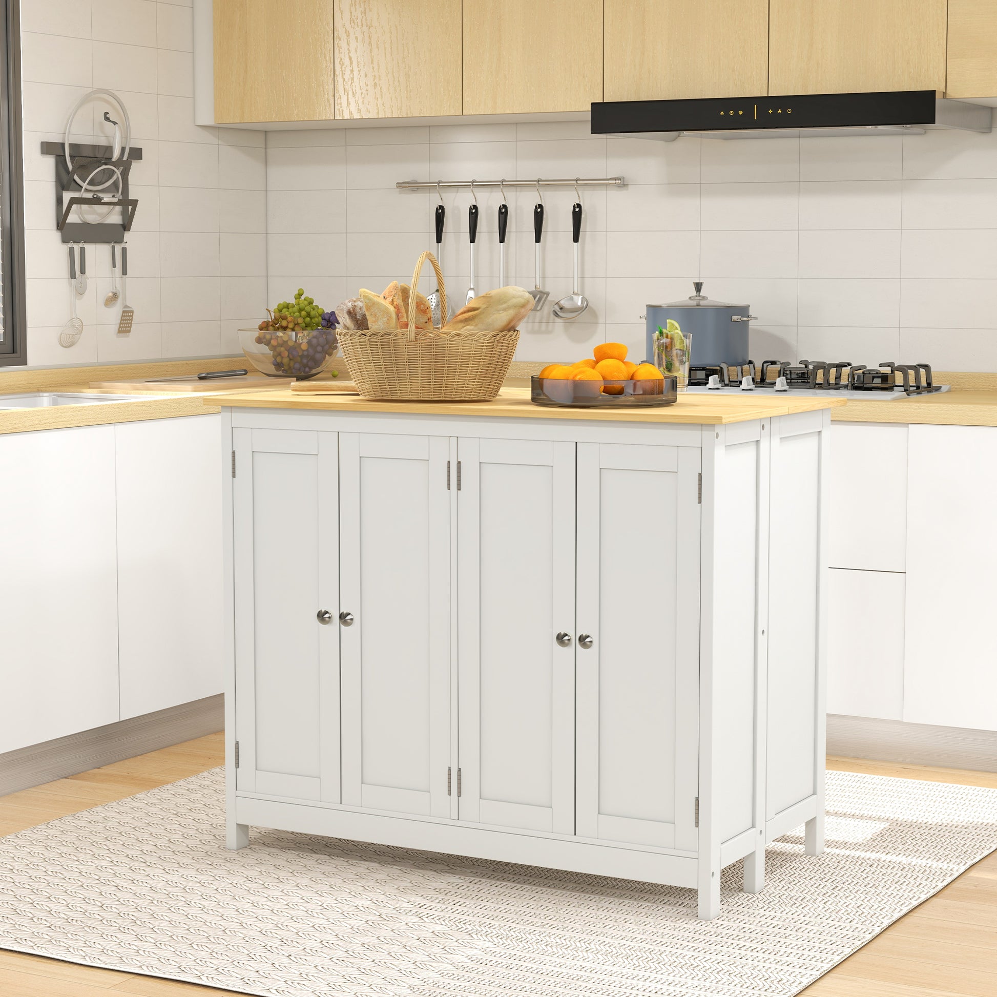 Kitchen Island Cart with 2 Stools, Bar Table and Stool Set with Foldable Worktop, 2 Cabinets with 4 Doors, Modern Design, White