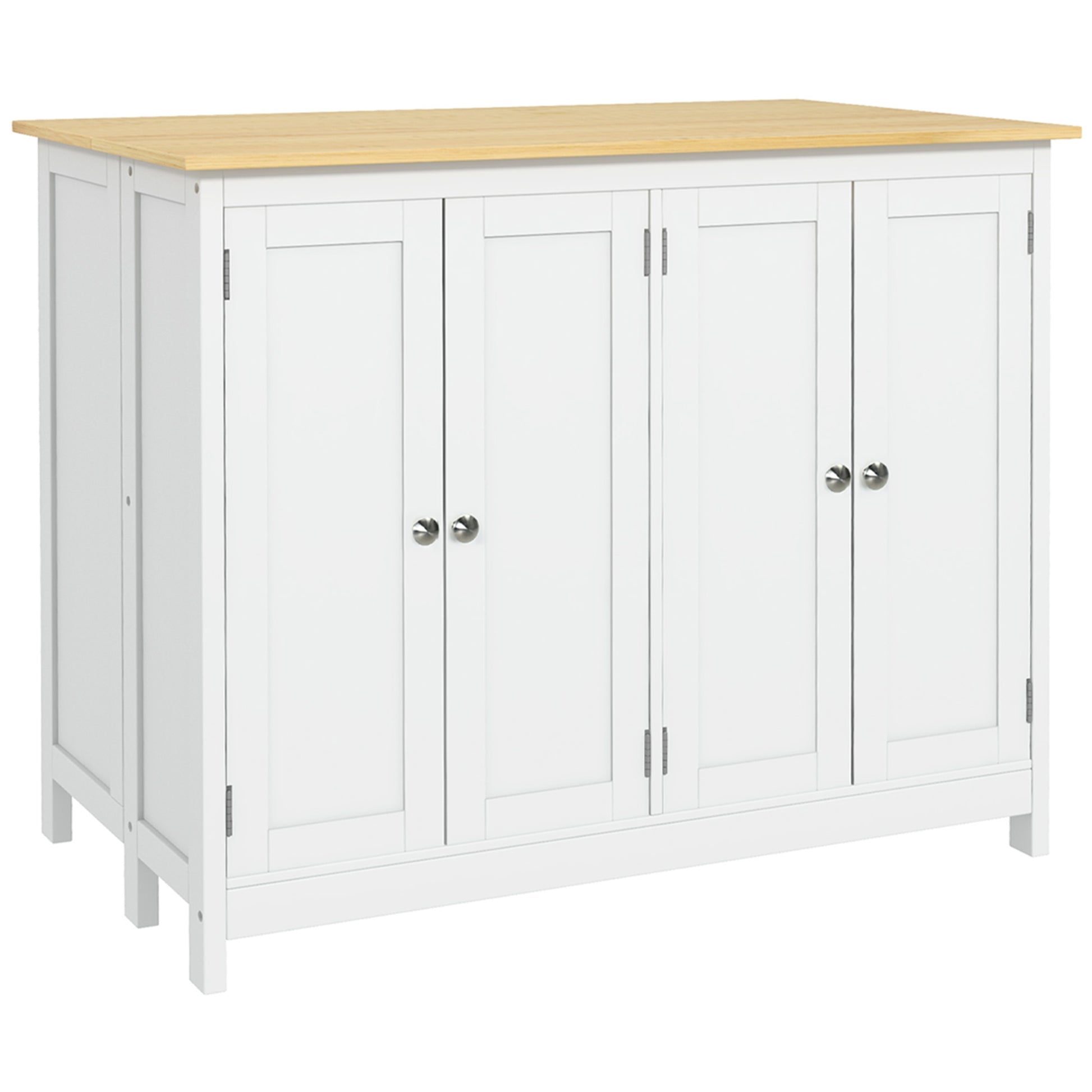 Kitchen Island Cart with 2 Stools, Bar Table and Stool Set with Foldable Worktop, 2 Cabinets with 4 Doors, Modern Design, White